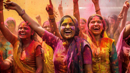 Fototapeta premium A Photo of People Dancing and Celebrating the Festival of Holi with Colorful Powder AI Generated