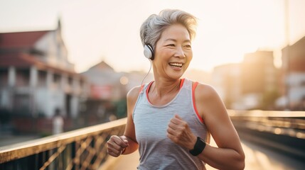 A senior Asian woman is jogging for health in the morning sunrise. 