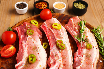 Plate with raw pork ribs, tomatoes and different spices on wooden background, closeup
