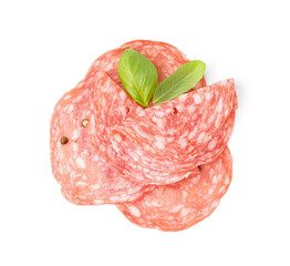 Slices of tasty salami on white background