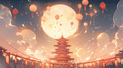 Fotobehang qixi festival festival illustration background, mid autumn festival moon background © lin