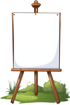an easel stands in the grass near a blank signboard