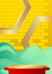 Abstract Turquoise, Gold, Red and Yellow Mockup product display. Vector cylinder pedestal podium. Minimal geometric stage showcase for presentation.