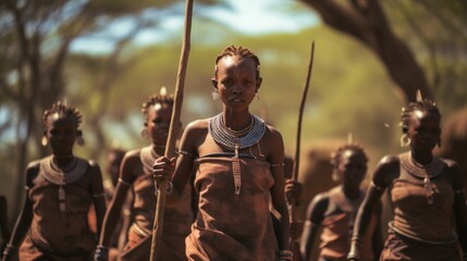 candid photo of female women people from a african tribe half naked with cultural tattoos make-up, cosmetics and wooden stone spear weapon. ethnic groups of africa. Generative AI