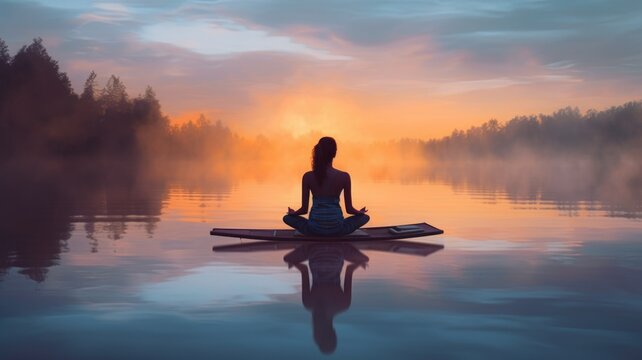 Woman Backlit in Yoga Pose in calm sunrise Zen. Generative AI image weber.