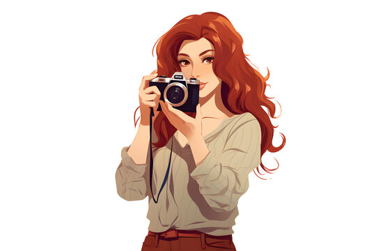 a cartoon woman holding a camera taking a picture