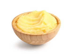 Wooden bowl of tasty mashed potatoes on white background