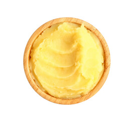 Wooden bowl of tasty mashed potatoes on white background