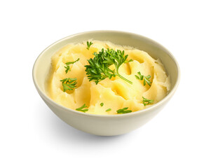 Bowl of tasty mashed potatoes with parsley on white background