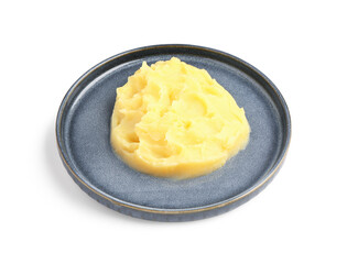 Plate of tasty mashed potatoes on white background