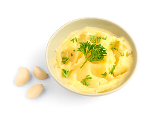 Bowl of tasty mashed potatoes with parsley and garlic on white background