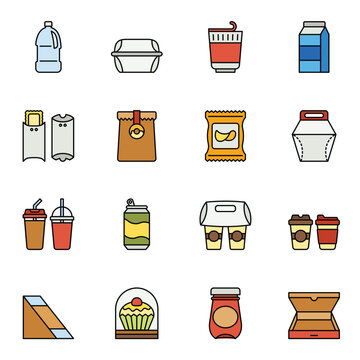 Food and drink packaging colored outline icons set vector image.