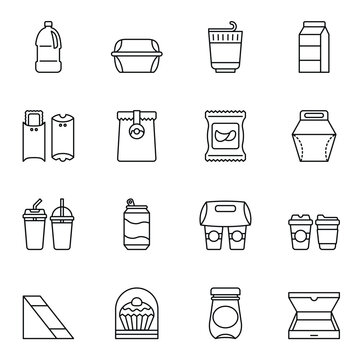 Food and drink packaging icon set. Thin line style stroke vector.