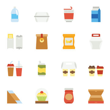 Food and drink packaging flat color icons set vector image.
