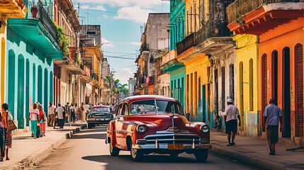 Bustling street in Havana with colorful vintage cars