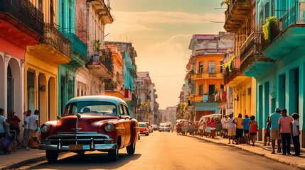 Bustling street in Havana with colorful vintage cars - obrazy, fototapety, plakaty