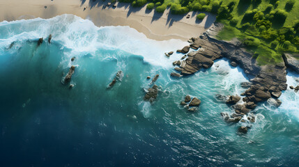 Aerial view of blue ocean waves hitting beach rocks against sandy beach background