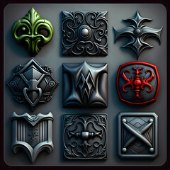 several 3d images of a set of metal emblems