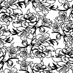 black and white seamless pattern of rose flowers, texture, design