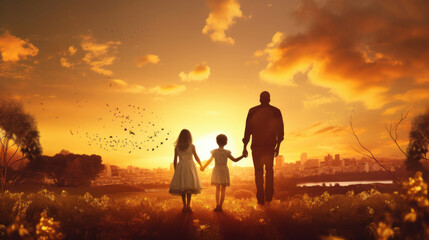 Happy family: father and child daughter on nature on sunset