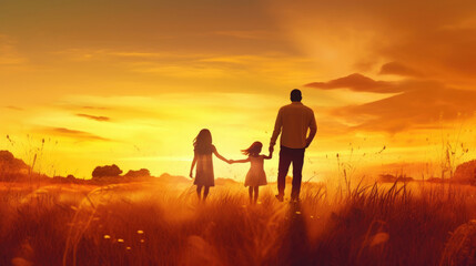 Happy family: father and child daughter on nature on sunset