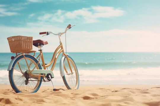 Bicycle on sandy beach near sea, space for text.