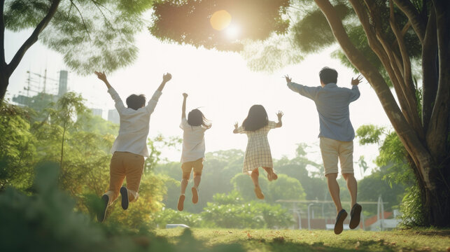 Rear View Of Joyful Happy Asian Family Jumping Together At Outdoor Park