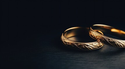 Gold rings with dark background, copy space for text and illustration for product presentation and template design.