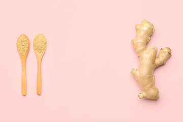 Fresh ginger root and wooden spoons with dried powder on pink background