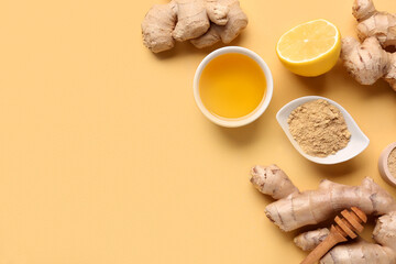 Fresh ginger roots, lemon and bowl with dried powder on yellow background