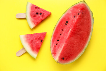 Composition with tasty watermelon sticks on yellow background