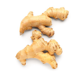Fresh ginger roots on white background