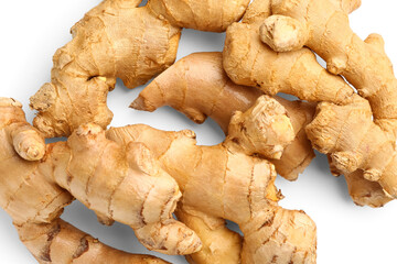 Fresh ginger roots on white background