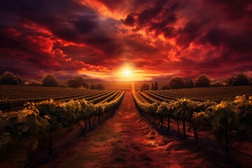 A red sunset over a vineyard.