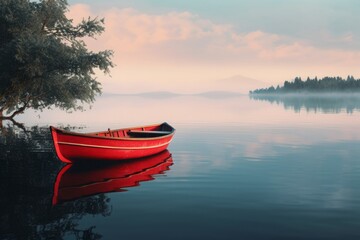A red canoe on a tranquil lake. 