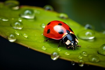 Fototapeta na wymiar A red ladybug on a green leaf. 