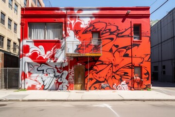 A red graffiti wall in an urban setting. 