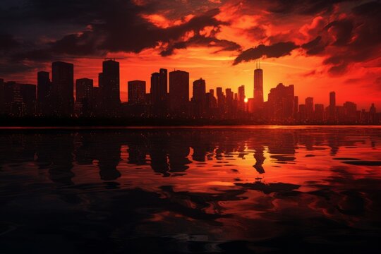 A red sunset reflecting on a city skyline. 