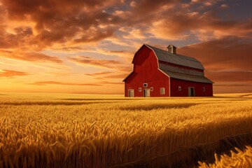 Idyllic countryside charm: Red barn nestled amidst a golden wheat field. - obrazy, fototapety, plakaty