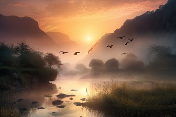 Serene Dawn: Mountains, Creek and Nature, generative IA