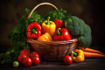 Fototapeta na wymiar Fresh and colorful vegetables in a wicker basket. ?????? (80 characters), generative IA