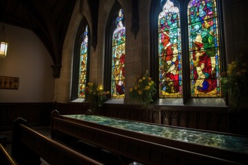 Fototapeta na wymiar Sacred moment in church: choir, stained glass and worship. ??, generative IA