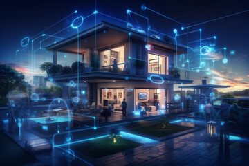 Digital Connected Suburban Communty, Interactive Smarthome, Smart Homes and Connected Society Concept , Data Transactions in a Night Time Suburban Area, Generative AI
