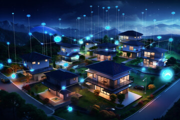 Digital Connected Suburban Communty, Interactive Smarthome, Smart Homes and Connected Society Concept , Data Transactions in a Night Time Suburban Area, Generative AI