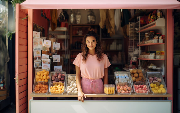 Young woman owner, seller or shop assistant of a pop-up business shop. Generative AI