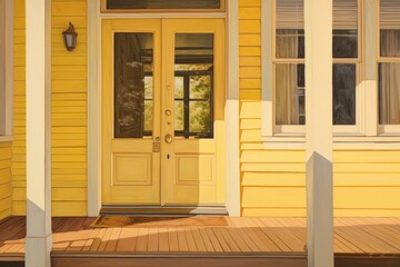 The front view of a wooden front door on a yellow house is depicted, showcasing the reflections seen through the window. The porch and front walkway are captured in a wide view, and the image is taken