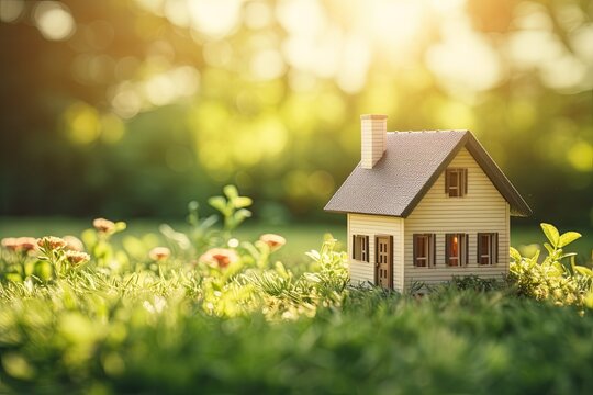 The concept of home and life, represented by a small model home sitting on green grass with a background of abstract sunlight. The image has been edited with a vintage-style filter effect.