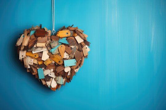 The message Home Sweet Home is conveyed through a wooden heart made from recycled old palettes. The heart is placed against a turquoise painted background, with blank space for additional text or