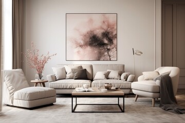 The classy living room interior is adorned with a stylish beige armchair and pouf, placed on a cozy carpet. Additionally, there is a grey settee and vintage furniture, perfectly complementing the