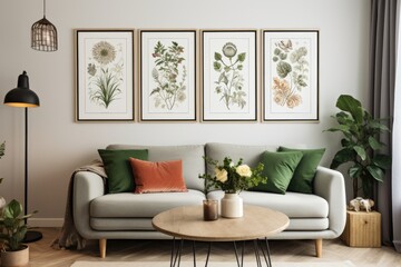 The living room interior is adorned with beautiful botanical posters hanging on the wall. The posters complement the white cabinet, wooden lamp, and various potted plants, creating a harmonious and